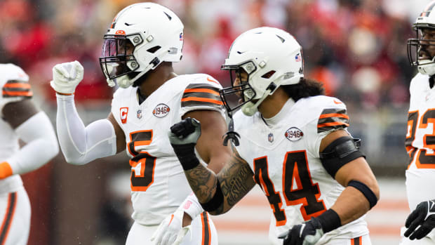 Oct 15, 2023; Cleveland, Ohio, USA; Cleveland Browns linebacker Anthony Walker Jr. (5) and linebacker Sione Takitaki (44) celebrate a missed field goal by the San Francisco 49ers during the first quarter at Cleveland Browns Stadium.